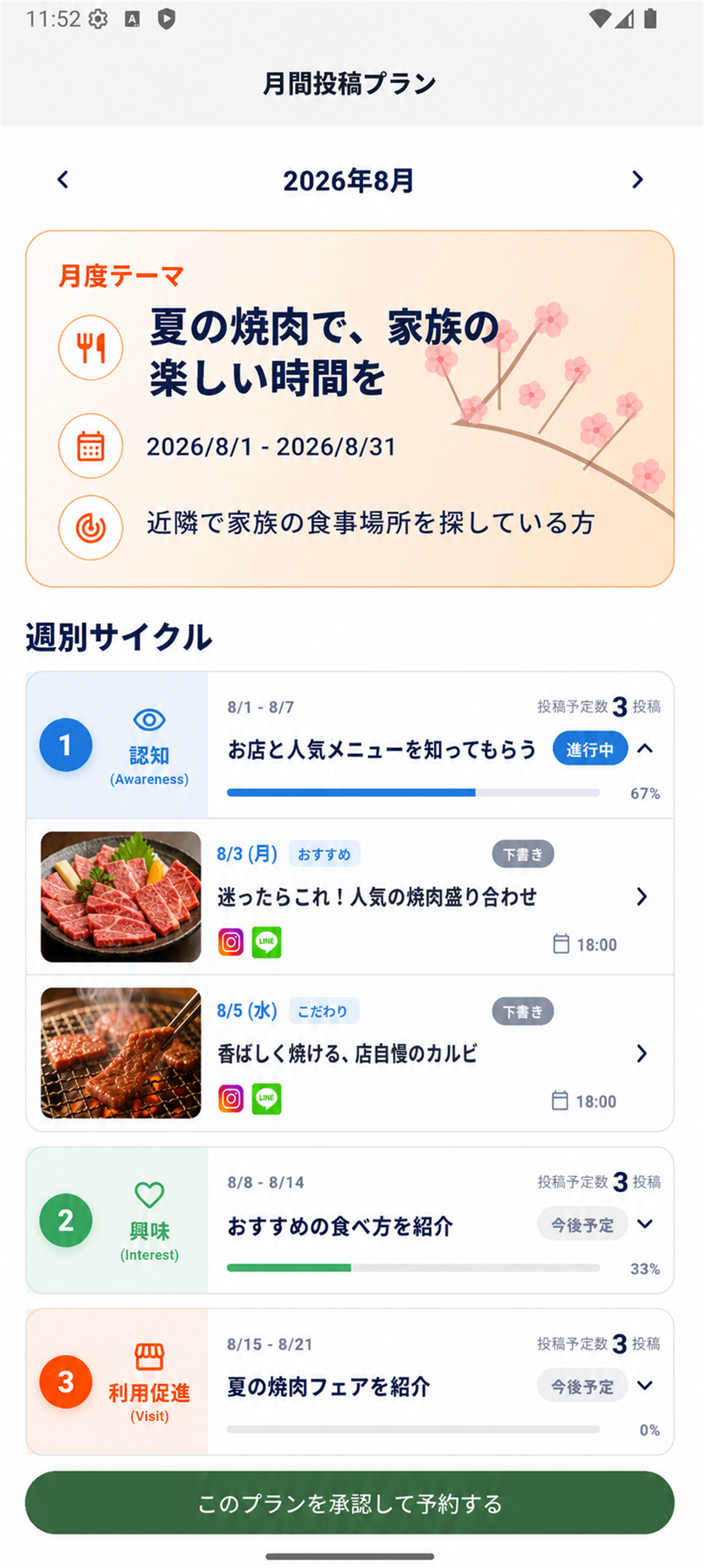 月度テーマと週ごとの投稿予定を表示するタグモアの月間投稿プラン画面